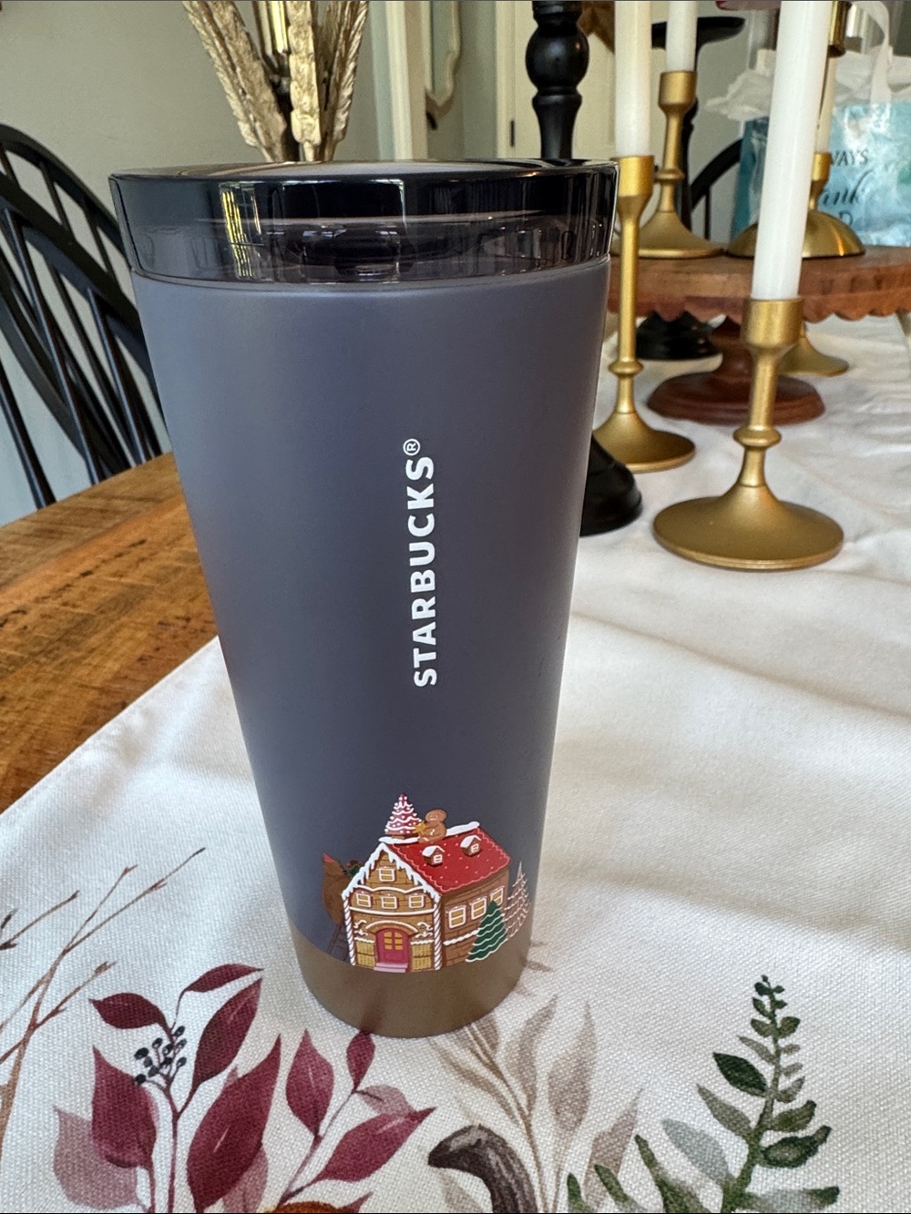 Starbucks Matte Gray Travel Tumbler with Holiday Gingerbread House